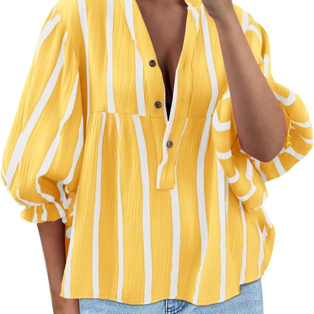 Womens Puff Sleeve Babydoll Tops Summer V Neck Striped Blouse Cute Casual Loose
